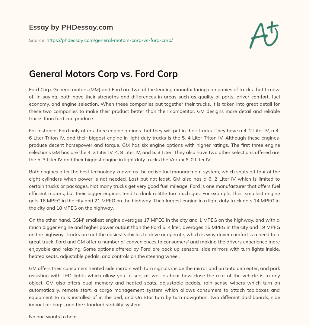 General Motors Corp vs. Ford Corp essay