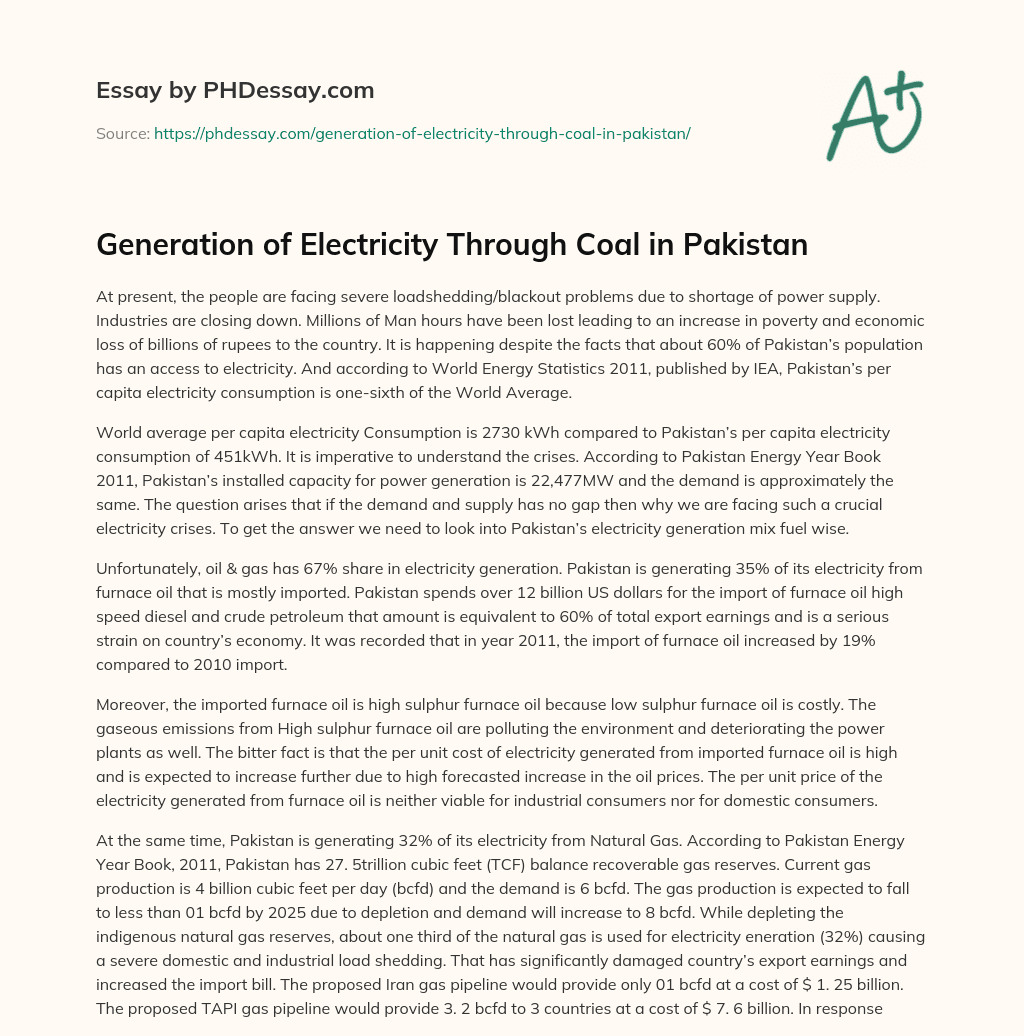 Generation of Electricity Through Coal in Pakistan essay