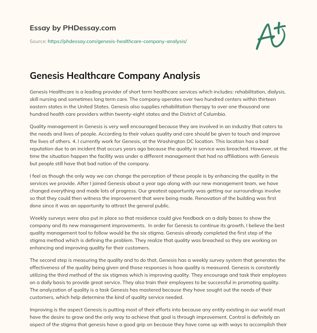 Genesis Healthcare Company Analysis essay