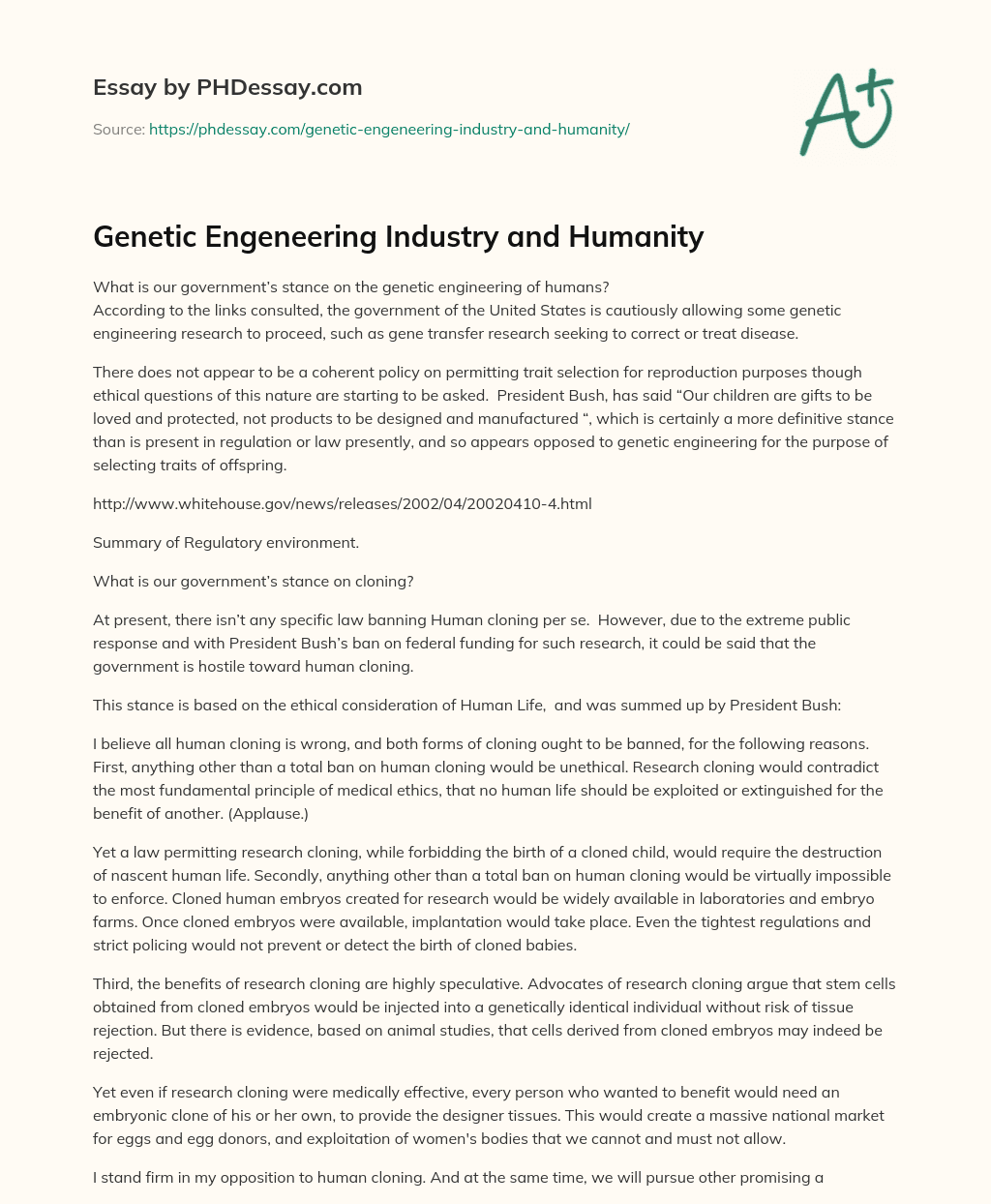 Genetic Engeneering Industry and Humanity essay