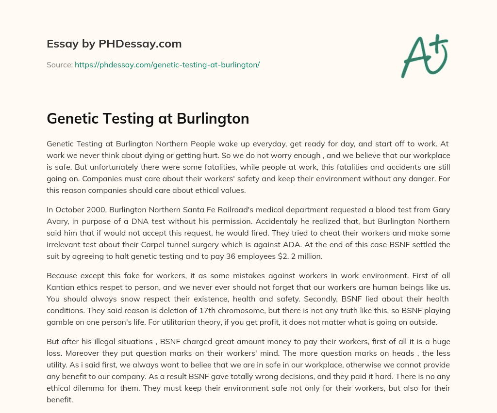Genetic Testing at Burlington essay