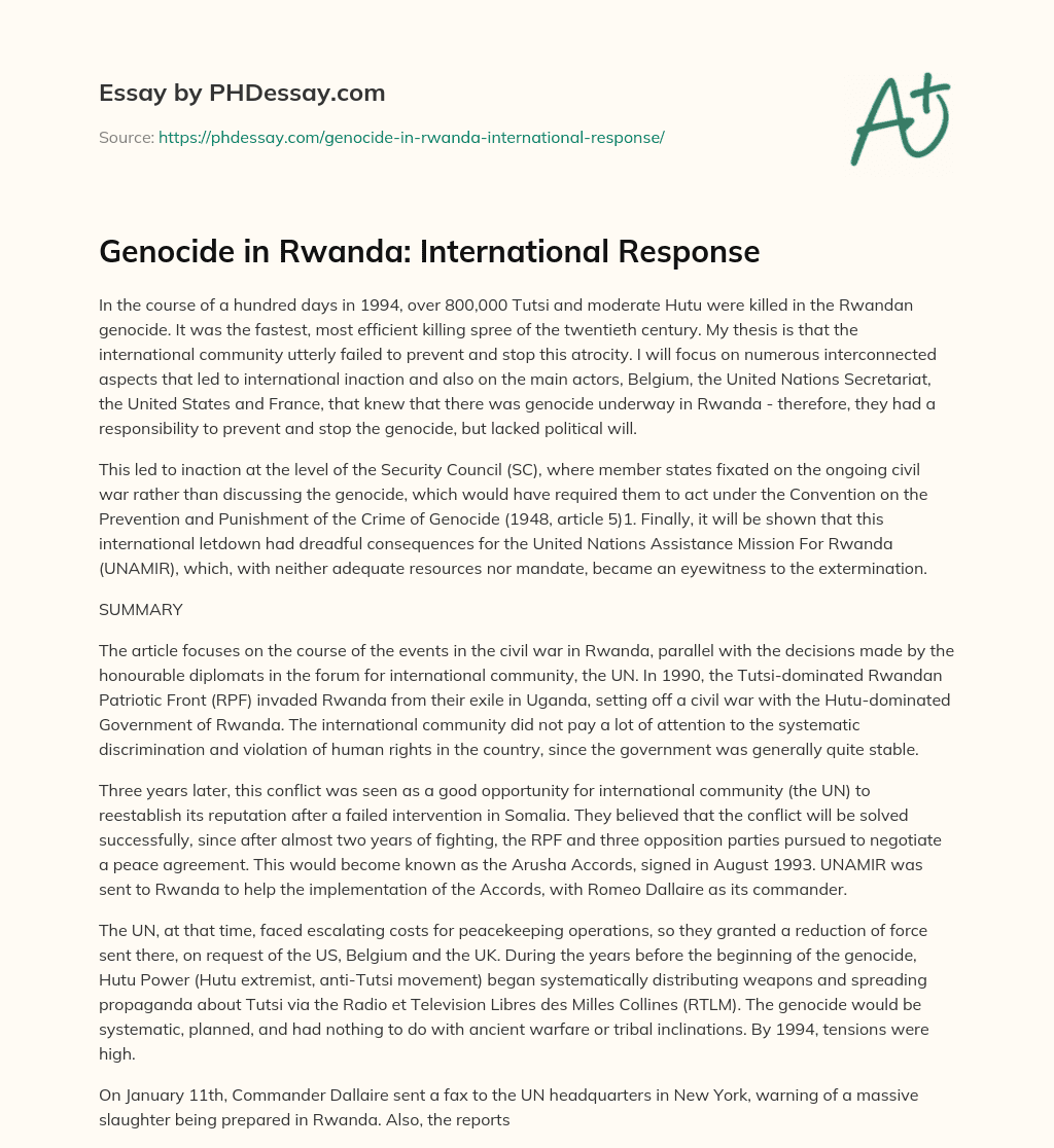 Genocide in Rwanda: International Response essay