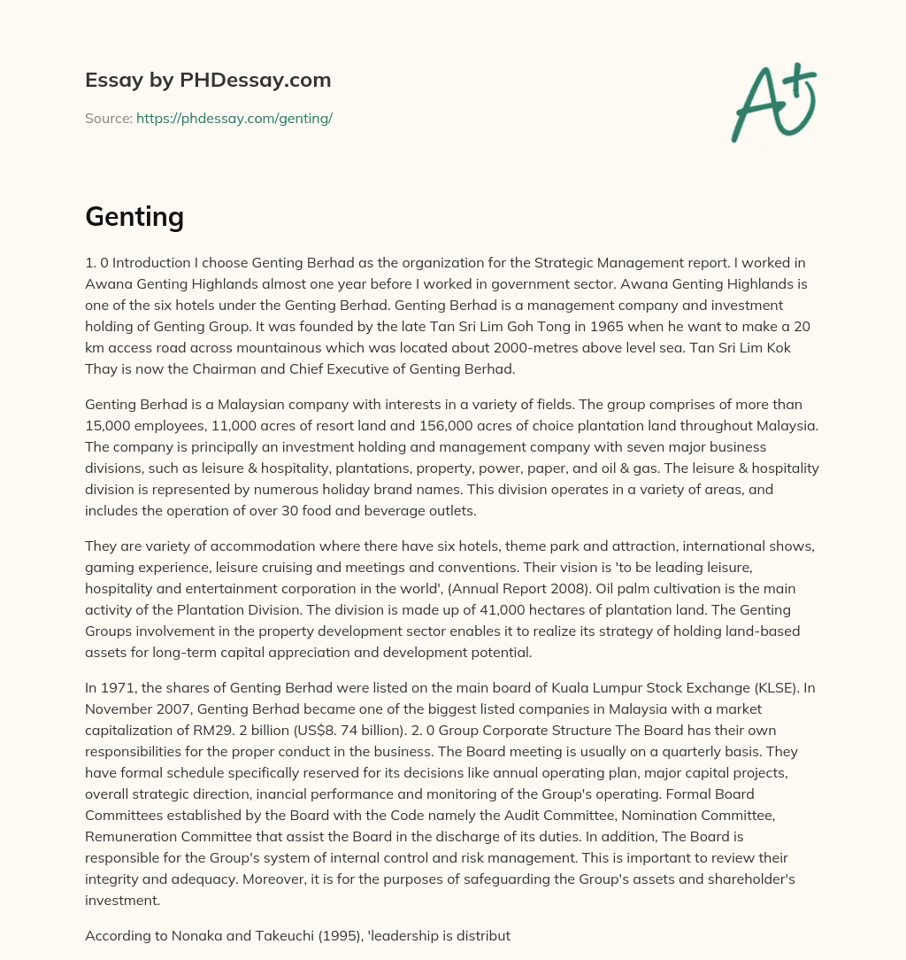 Genting Berhad: A Diversified Malaysian Company with a Focus on Leisure and Hospitality essay