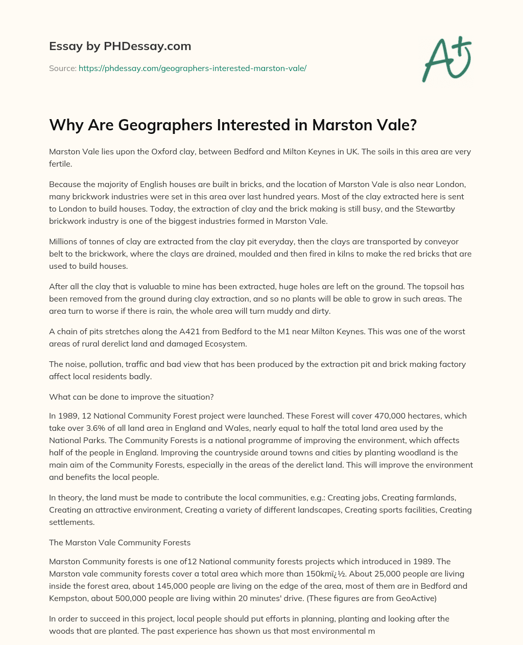 Why Are Geographers Interested in Marston Vale? essay