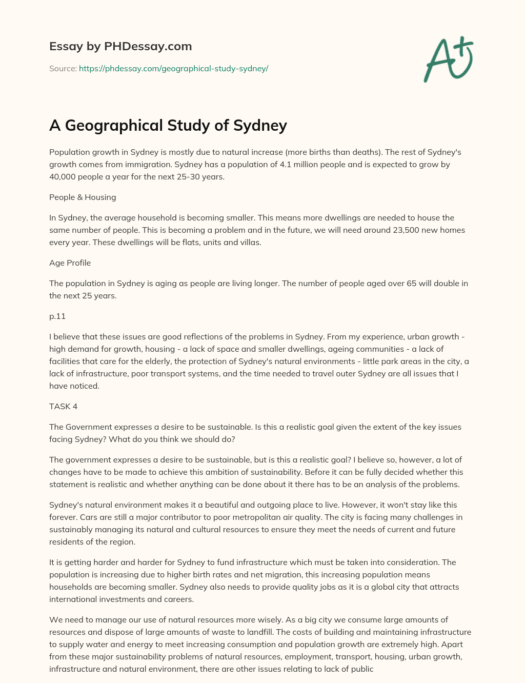 A Geographical Study of Sydney essay