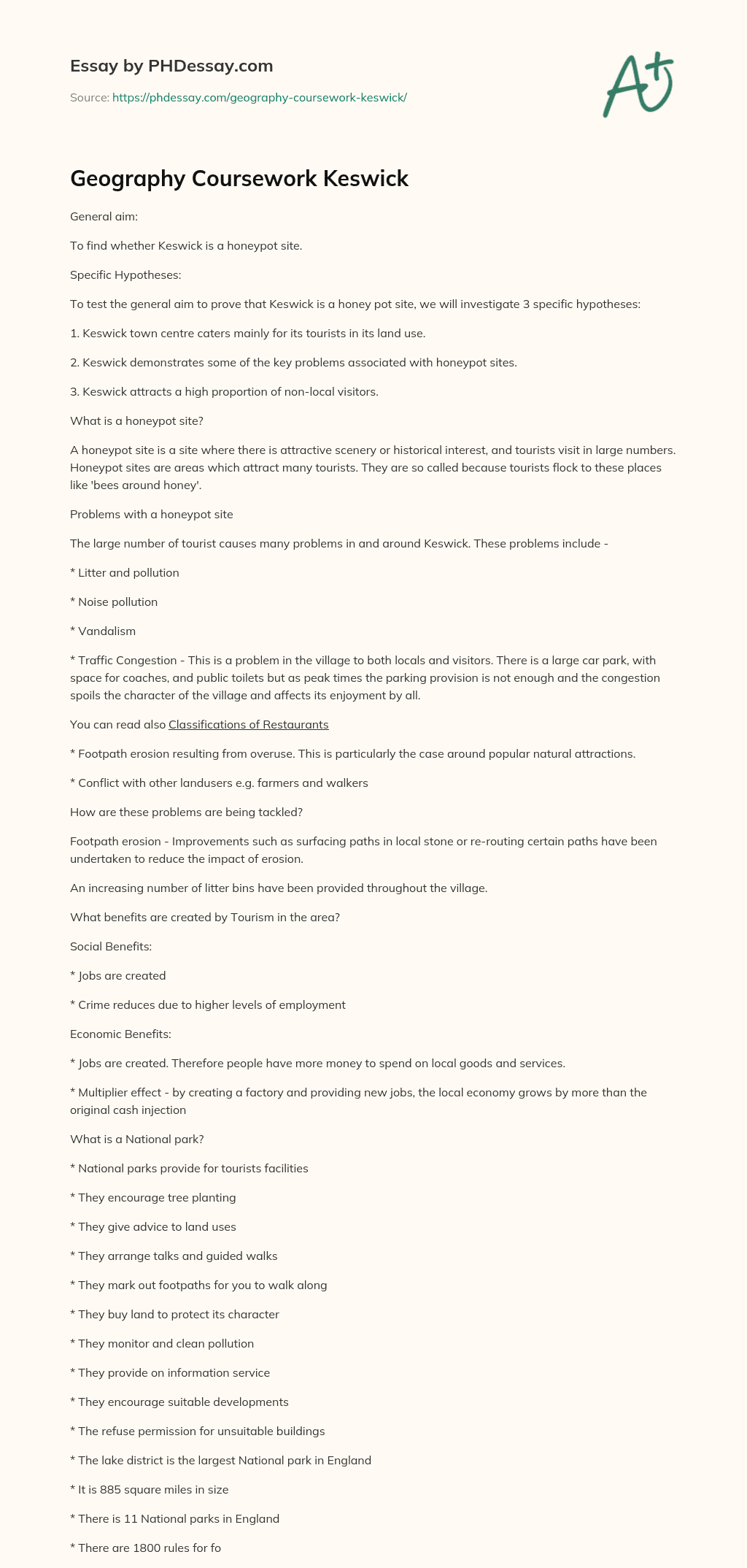 Geography Coursework Keswick essay