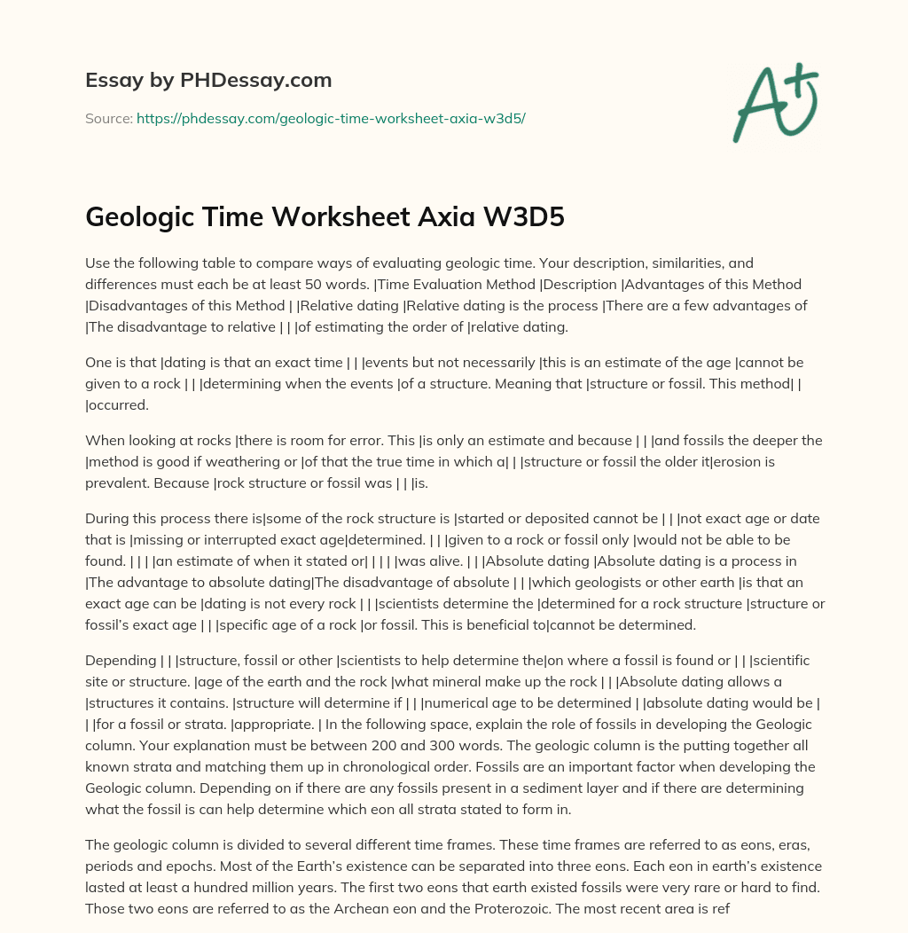 Geologic Time Worksheet Axia W3D5 essay