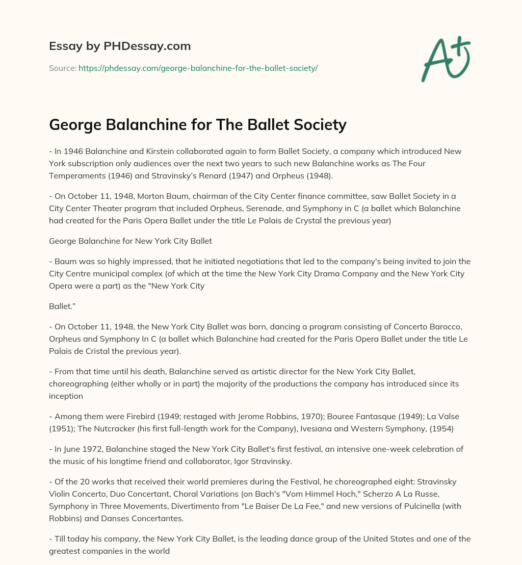 George Balanchine for The Ballet Society essay