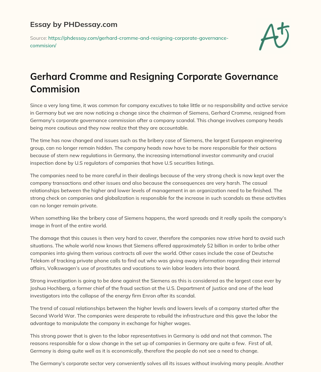 Gerhard Cromme and Resigning  Corporate Governance Commision essay