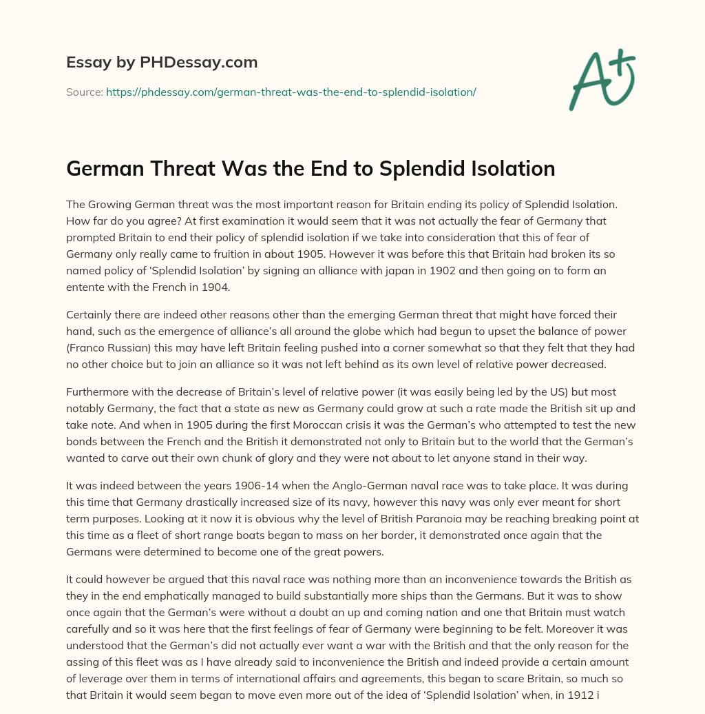German Threat Was the End to Splendid Isolation essay