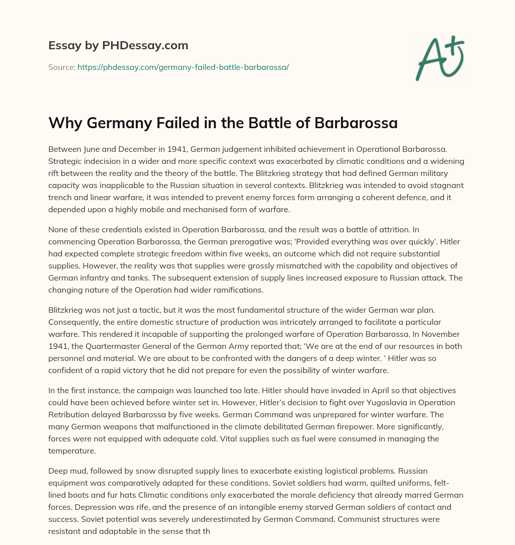 Why Germany Failed in the Battle of Barbarossa essay