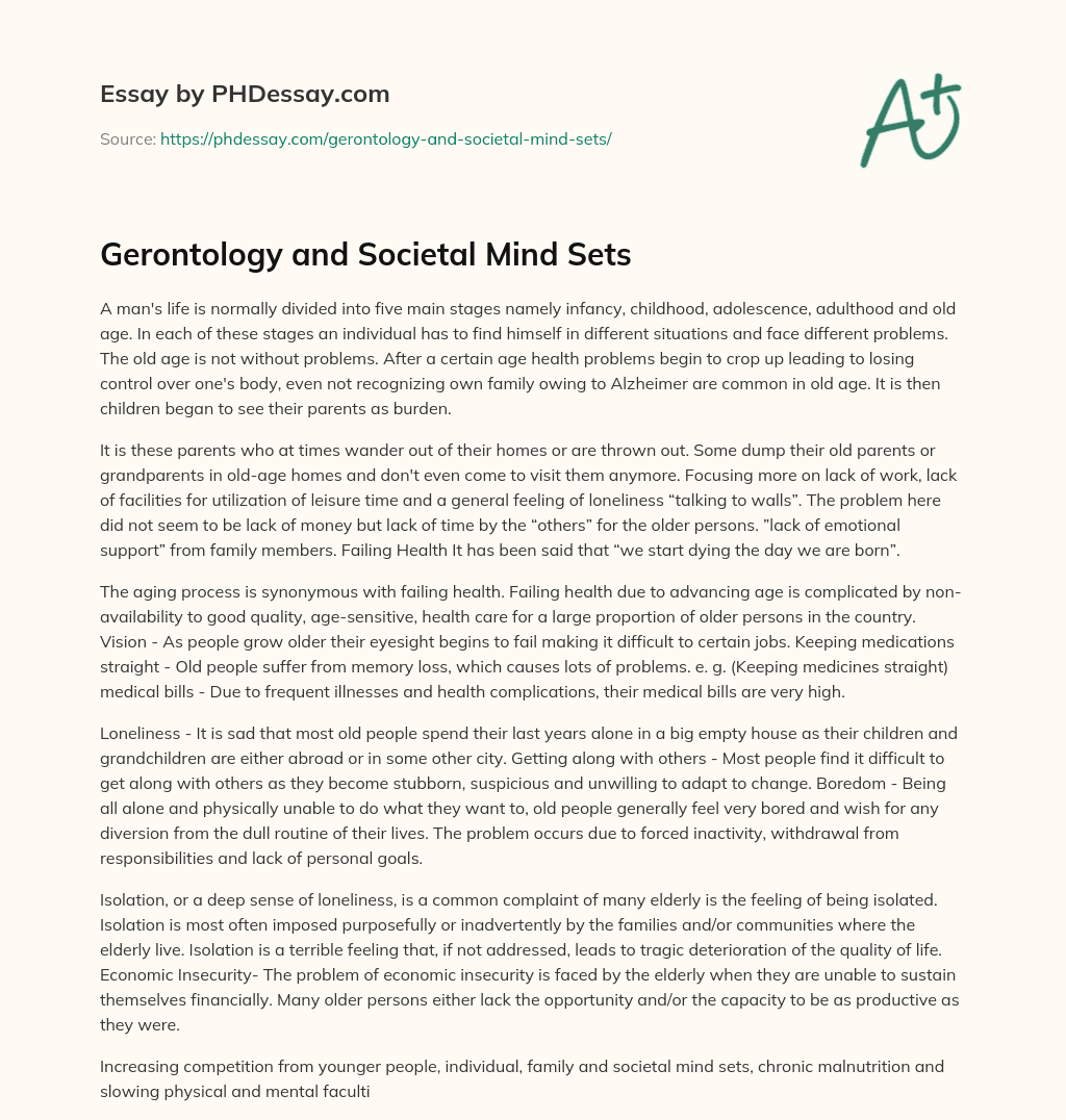 Gerontology and Societal Mind Sets essay