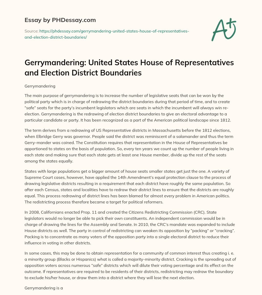 Gerrymandering: United States House of Representatives and Election District Boundaries essay