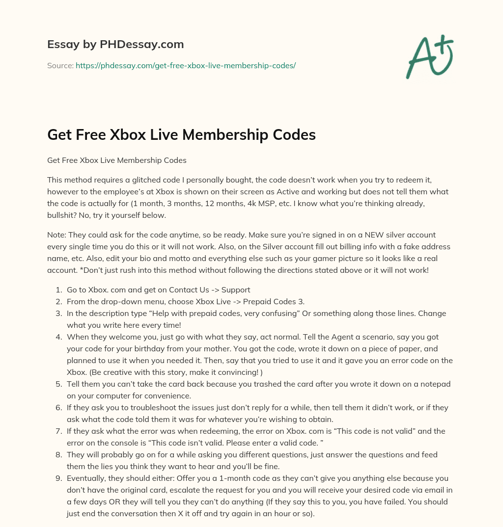 Get Free Xbox Live Membership Codes essay