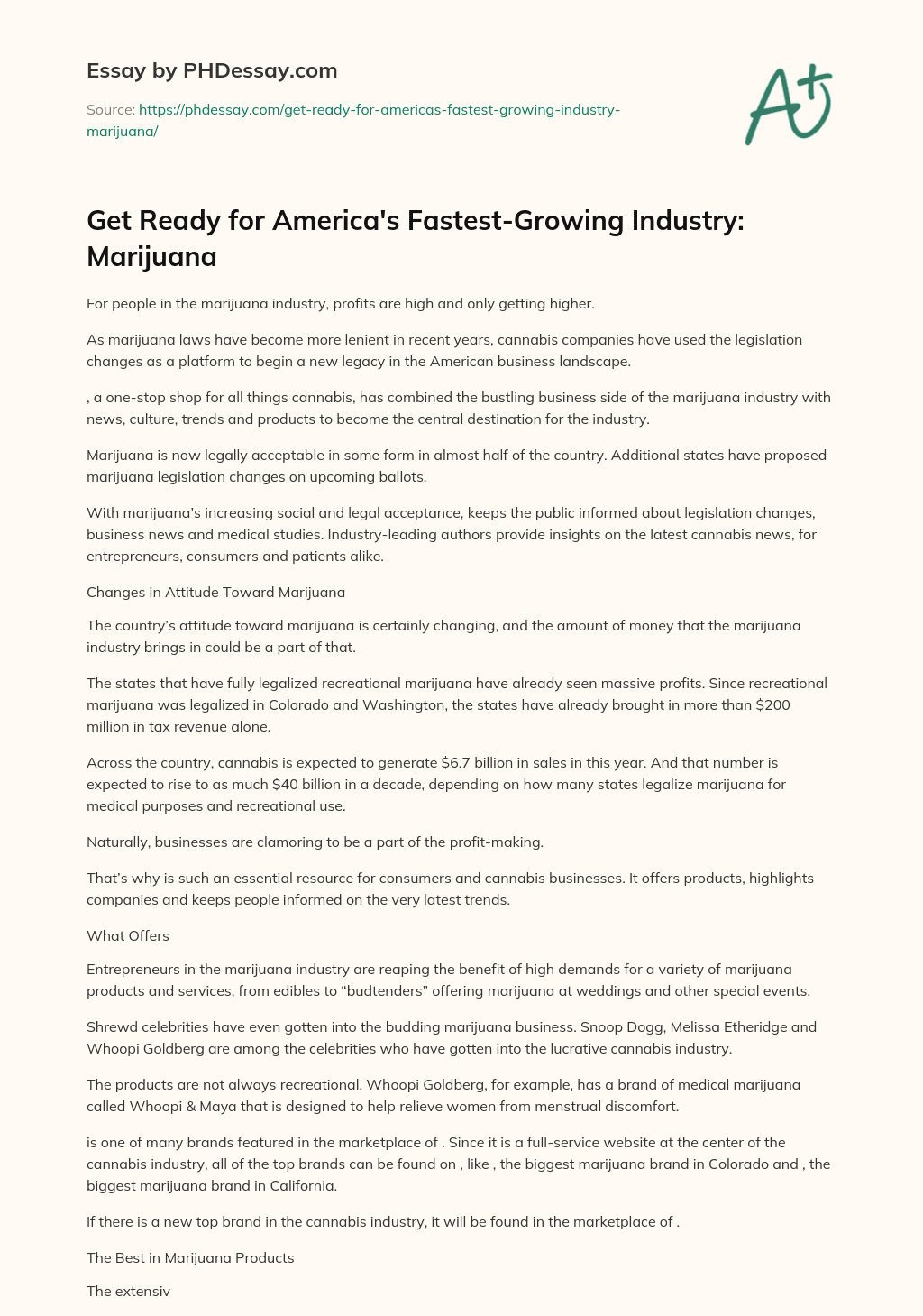 Get Ready for America’s Fastest-Growing Industry: Marijuana essay