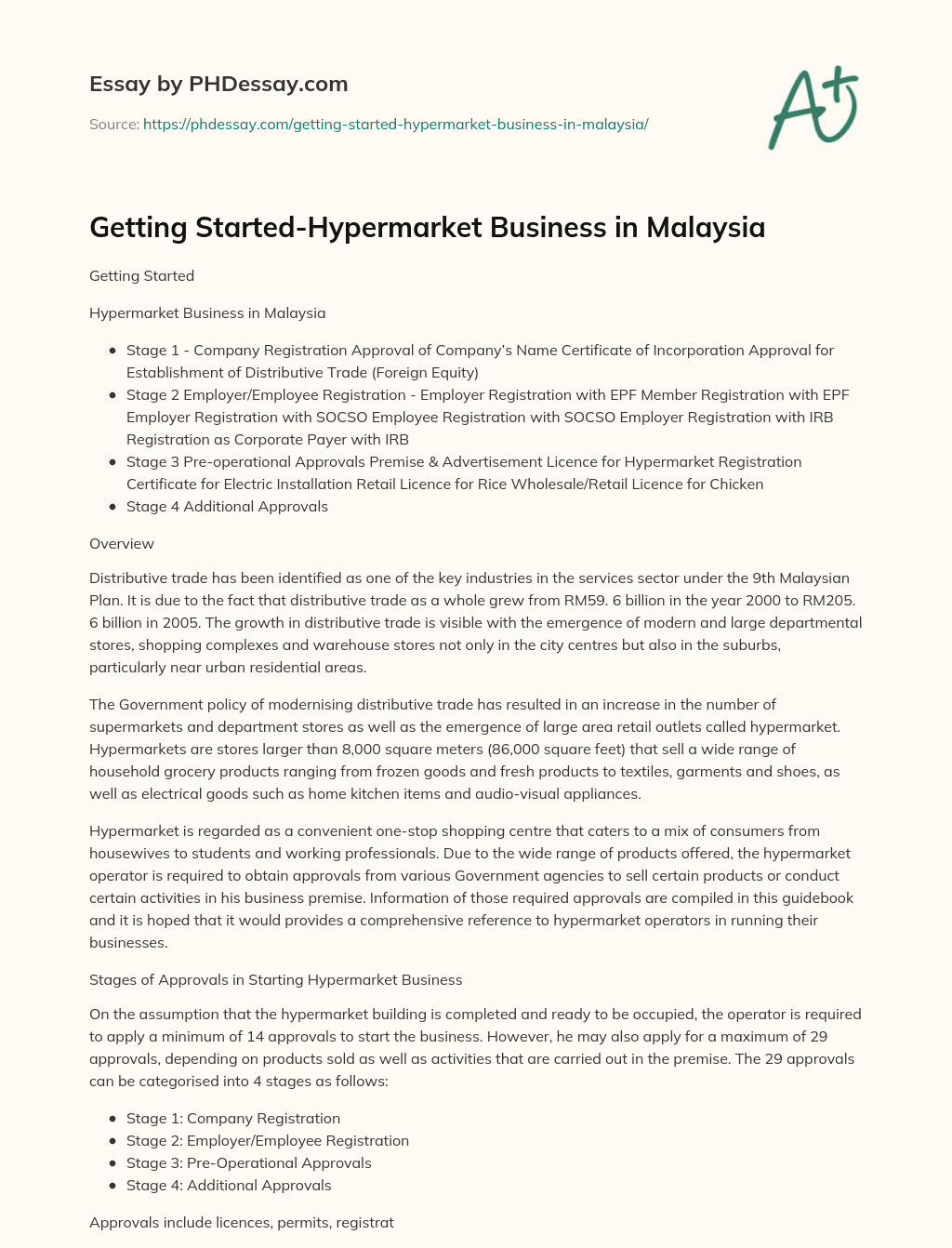 Getting Started-Hypermarket Business in Malaysia essay