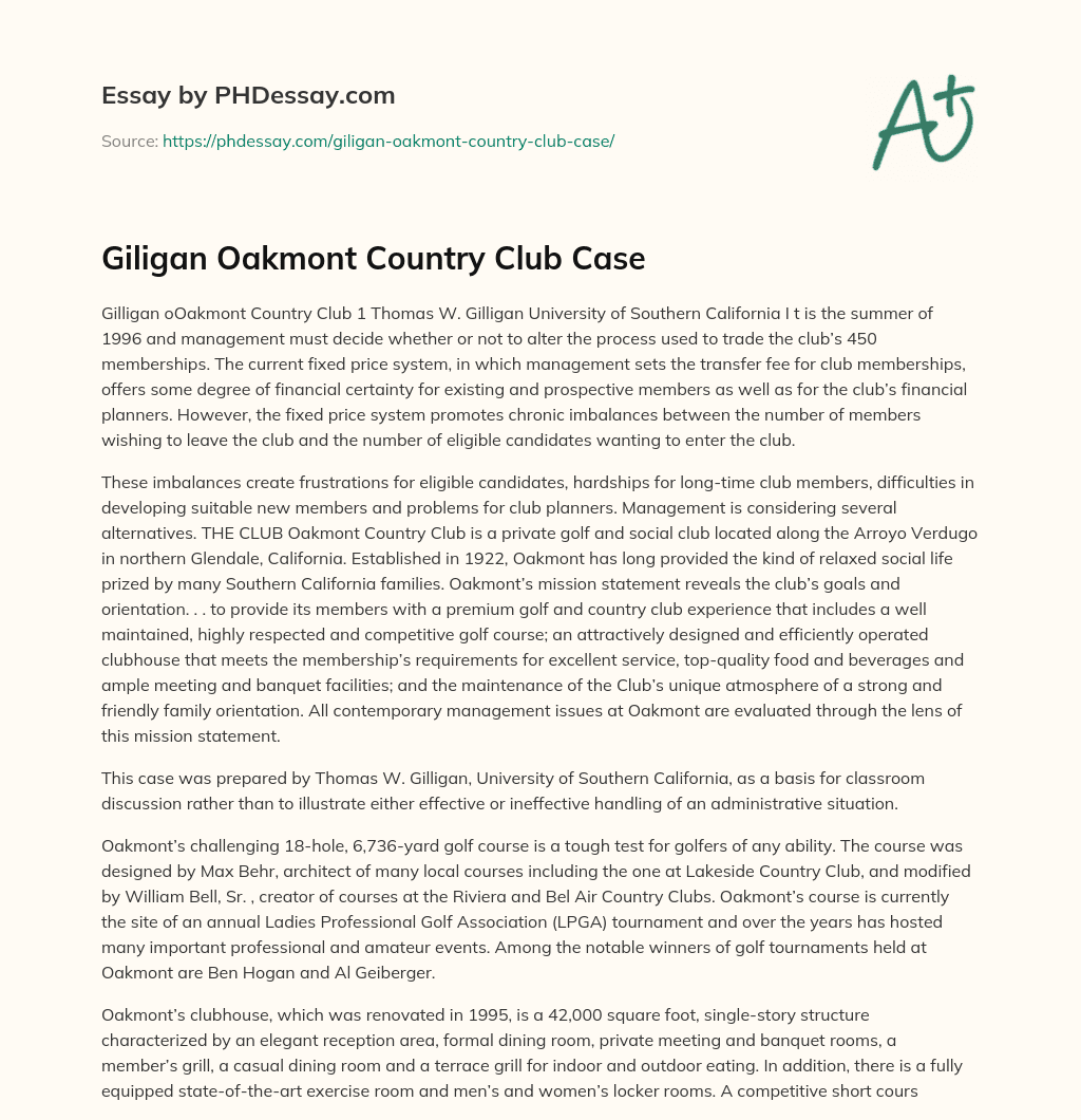 Giligan Oakmont Country Club Case essay