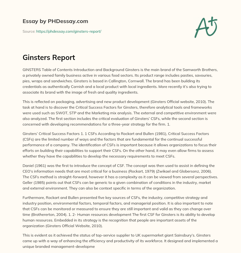 Ginsters Report essay