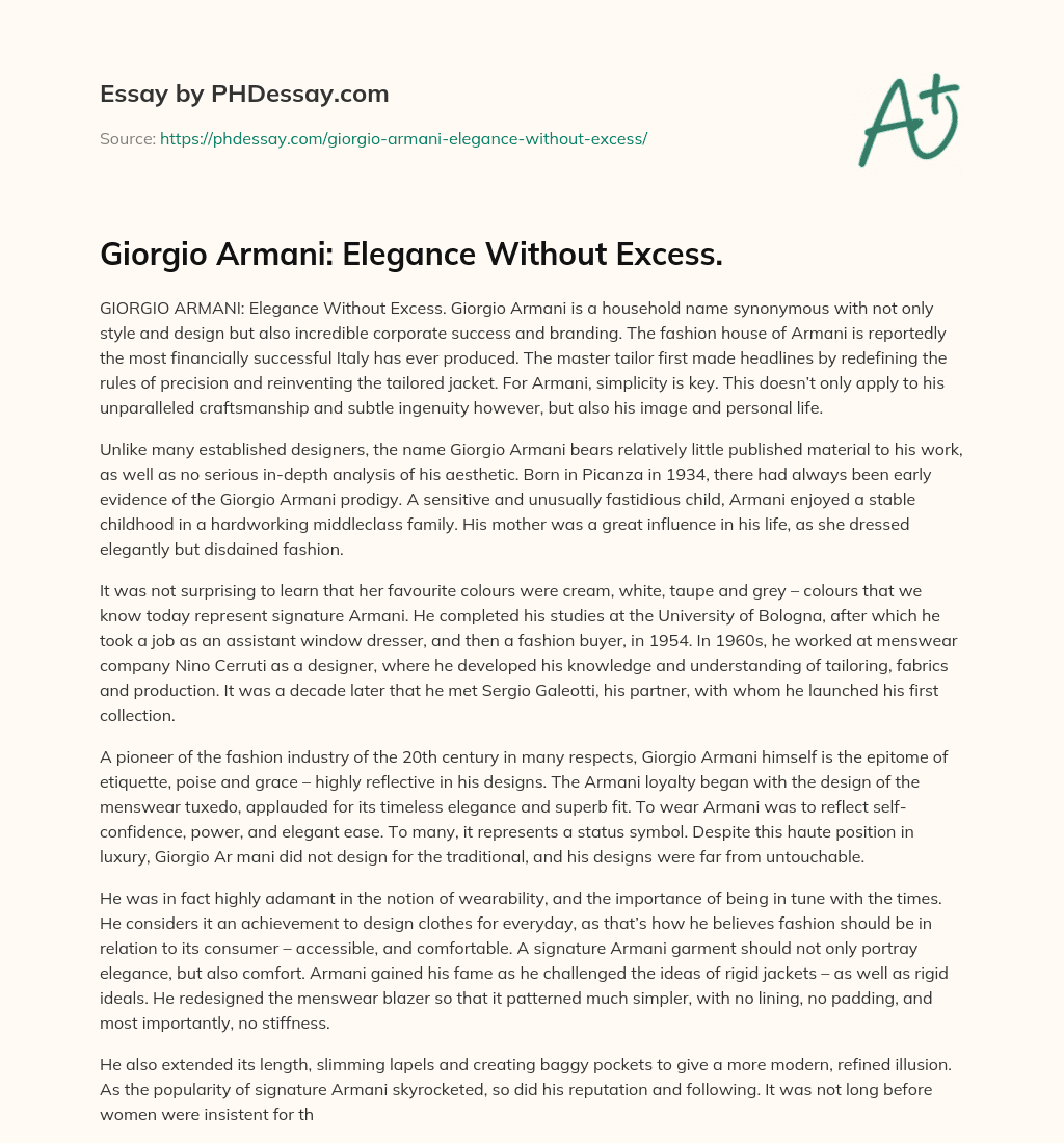 Giorgio Armani: Elegance Without Excess. essay
