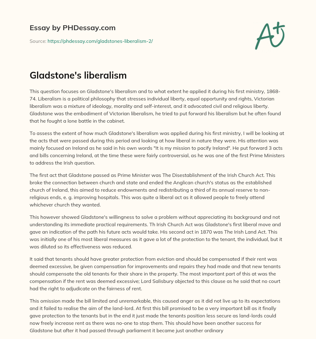 Gladstone’s liberalism essay