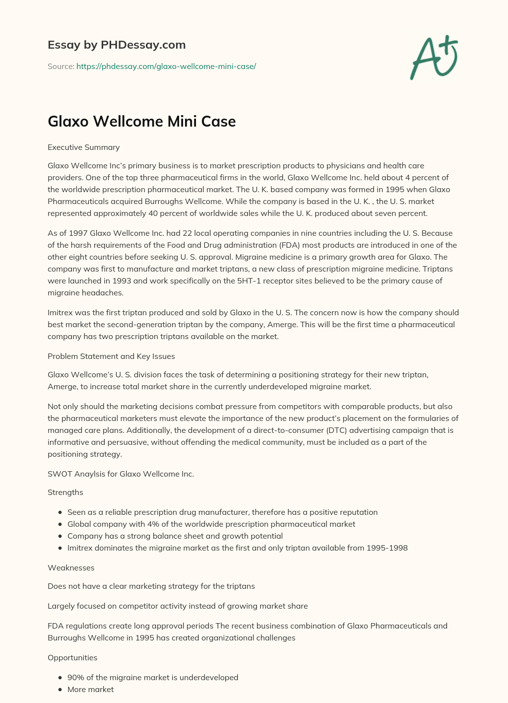 Glaxo Wellcome Mini Case essay