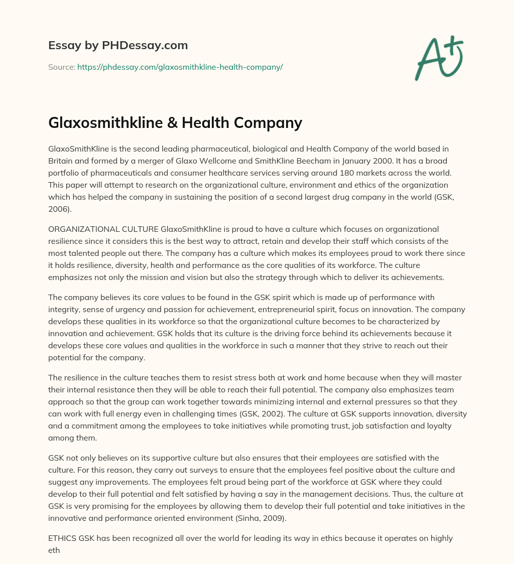 Glaxosmithkline & Health Company essay