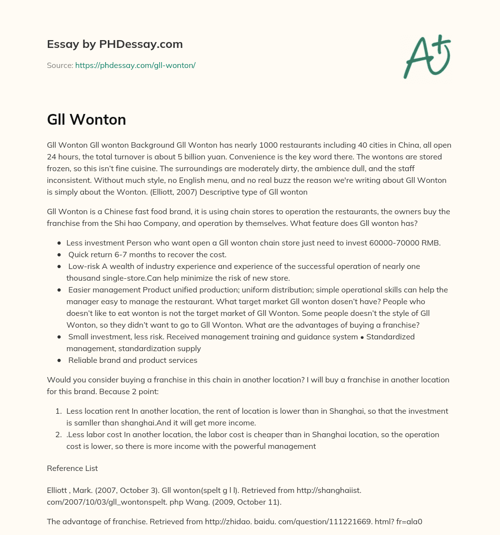 Gll Wonton: Convenience over Style and Ambience essay