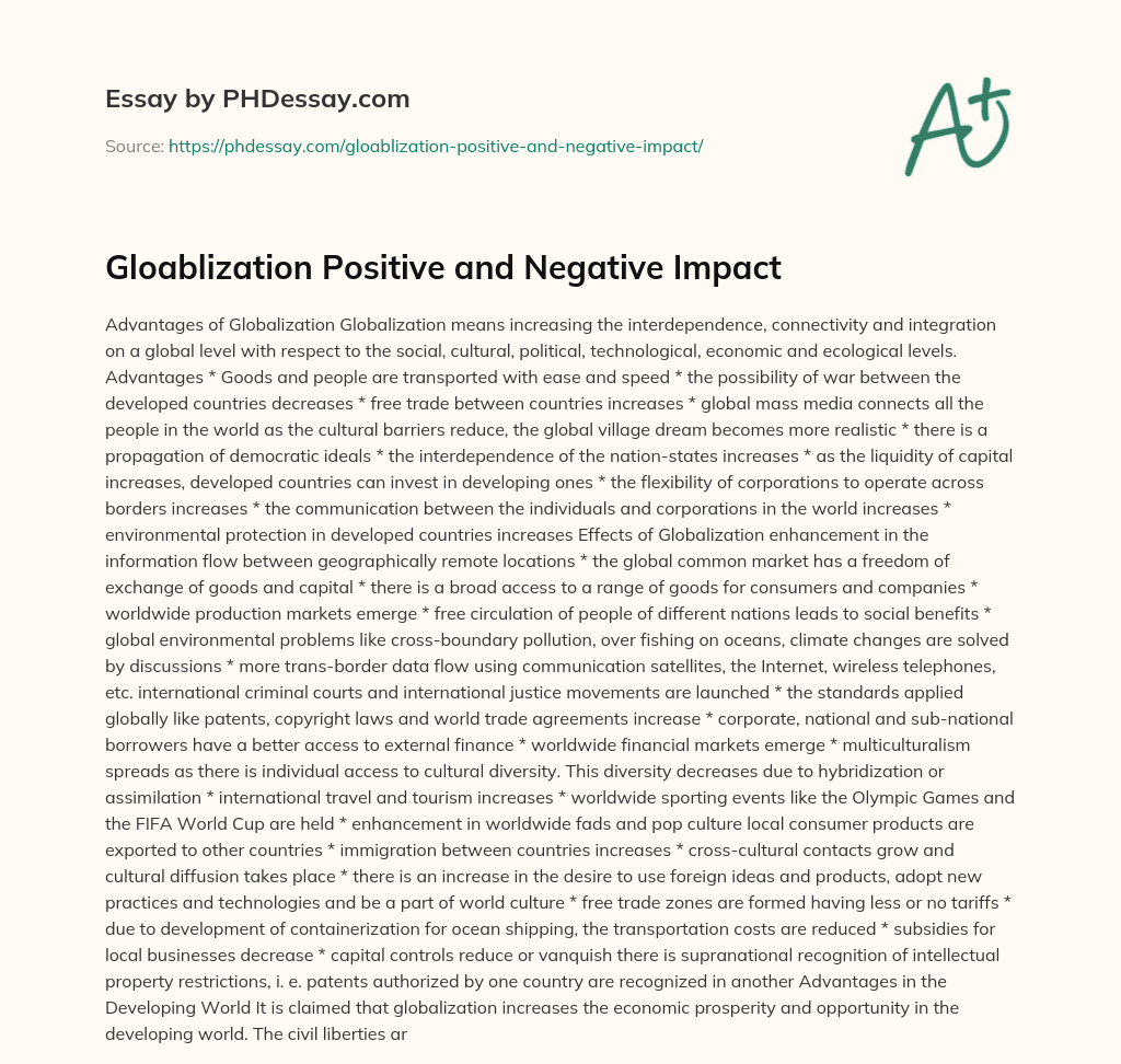 Gloablization Positive and Negative Impact essay