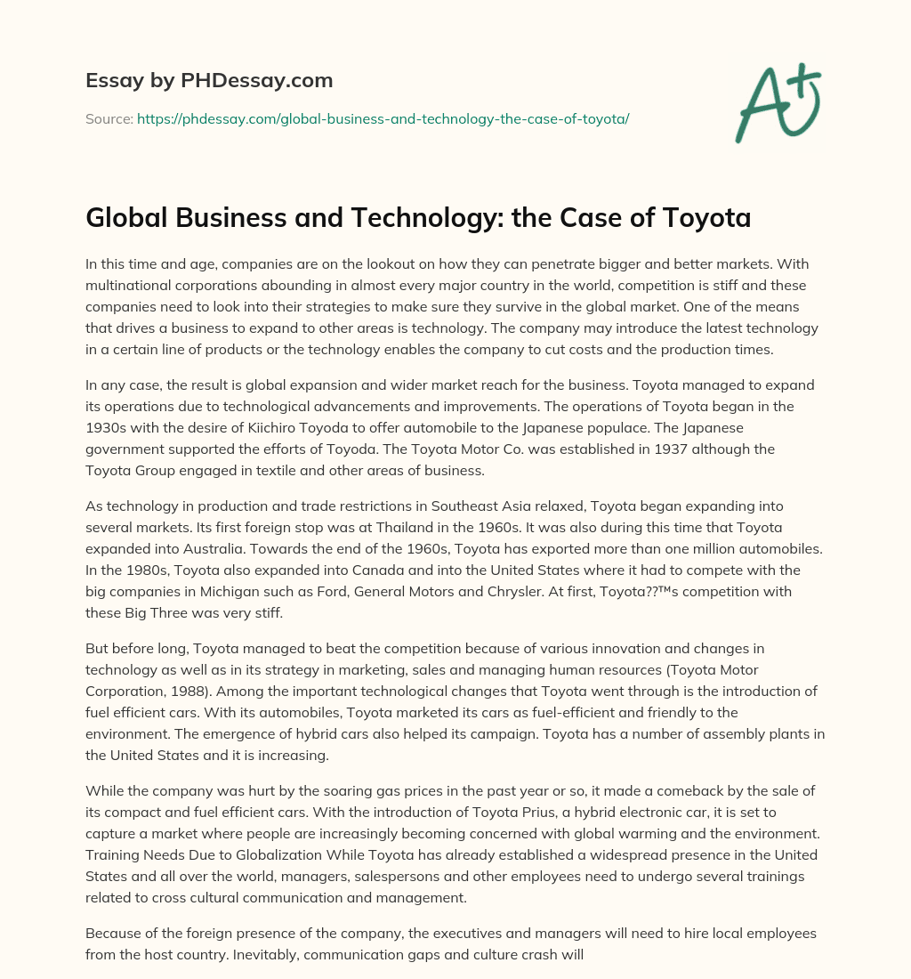 Global Business and Technology: the Case of Toyota essay