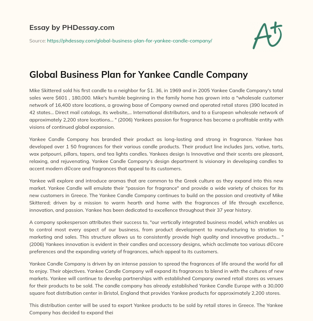 Global Business Plan for Yankee Candle Company essay