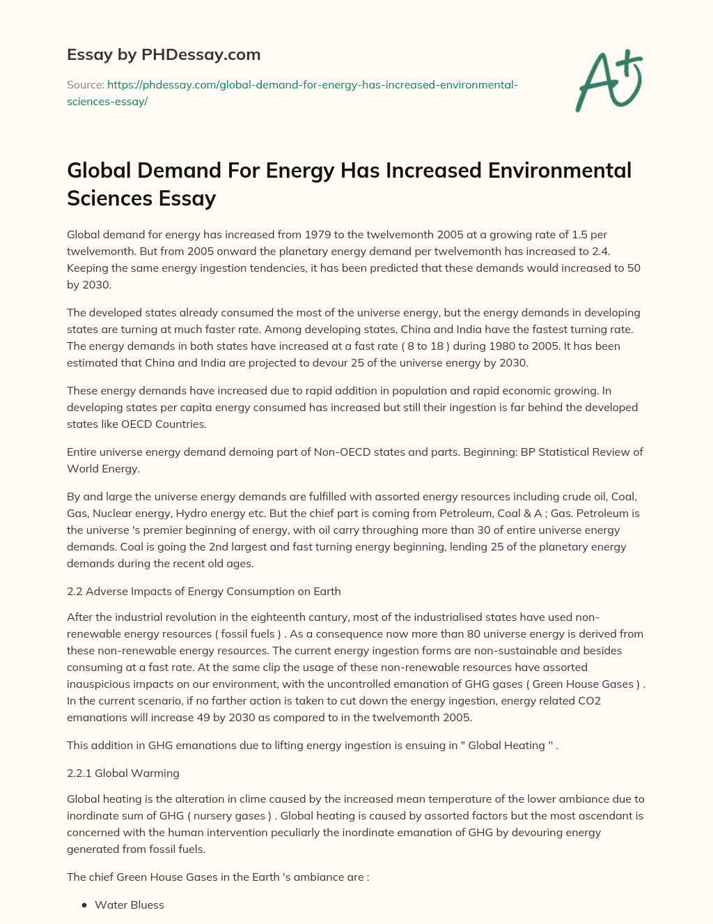 Global Demand For Energy Has Increased Environmental Sciences Essay essay
