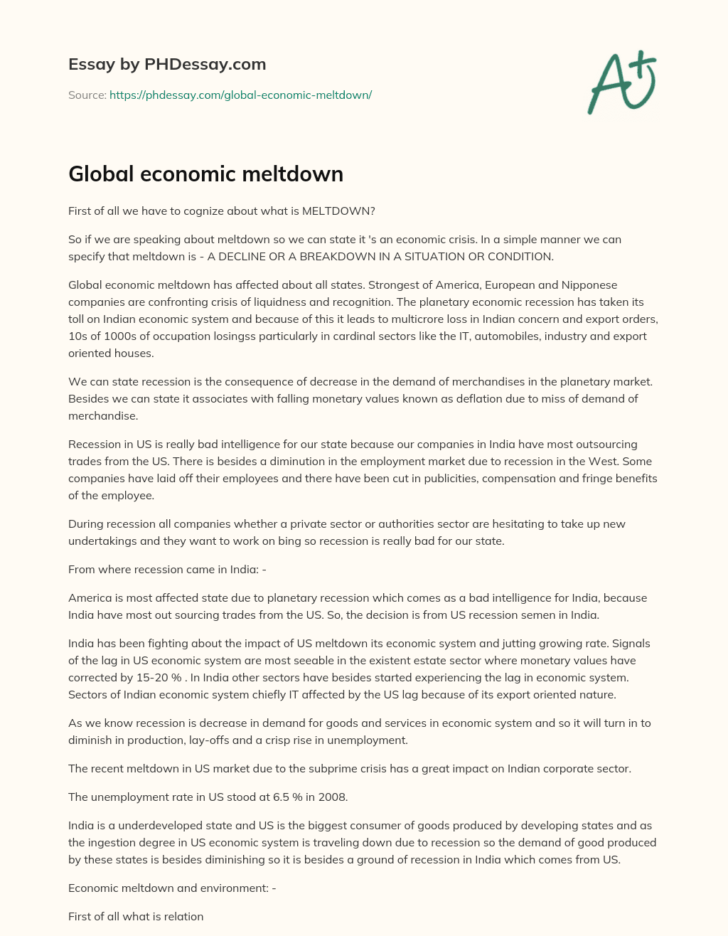 Global economic meltdown essay