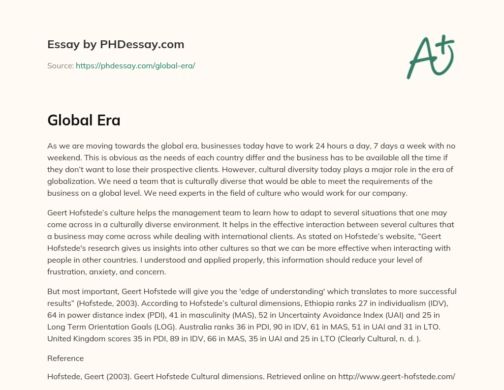 Cultural Diversity and Global Business: The Importance of Geert Hofstede’s Culture Analysis essay