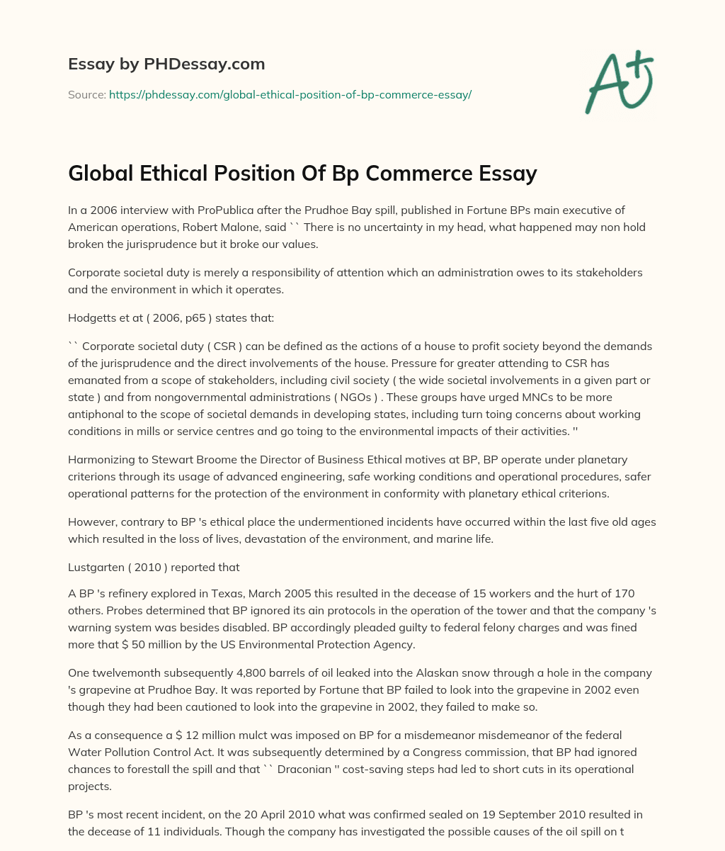 Global Ethical Position Of Bp Commerce Essay essay