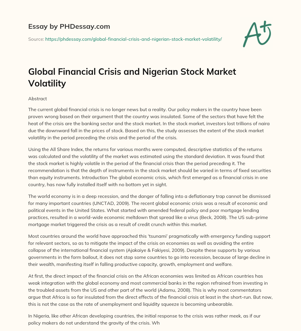 Global Financial Crisis and Nigerian Stock Market Volatility essay