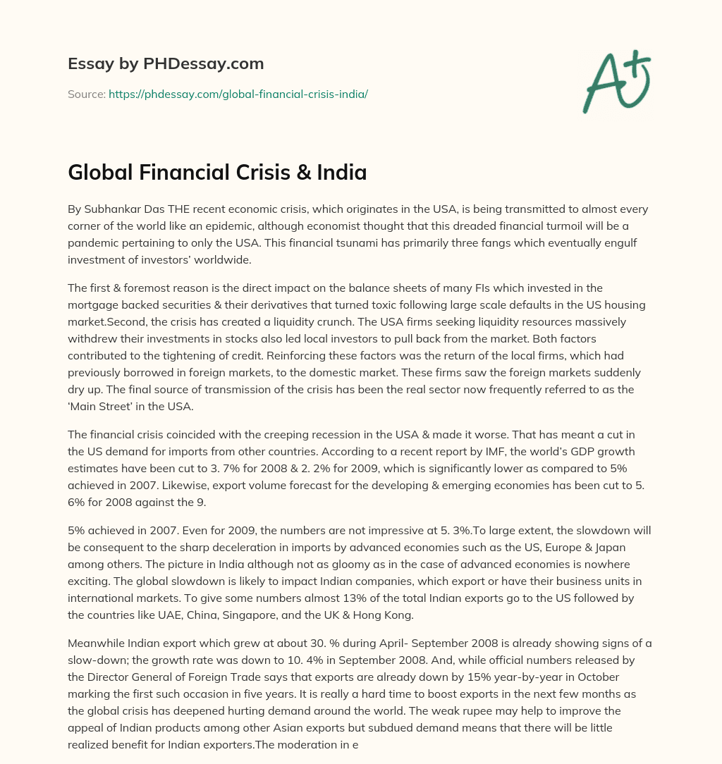 Global Financial Crisis & India essay