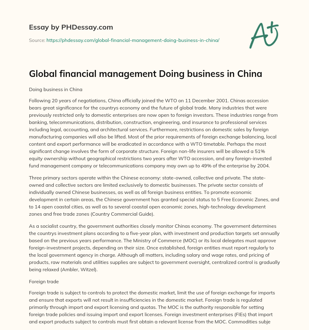 Global financial management Doing business in China essay