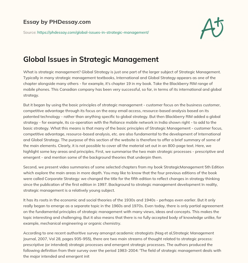 Global Issues in Strategic Management essay