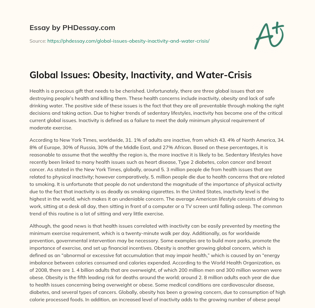 Global Issues: Obesity, Inactivity, and Water-Crisis essay