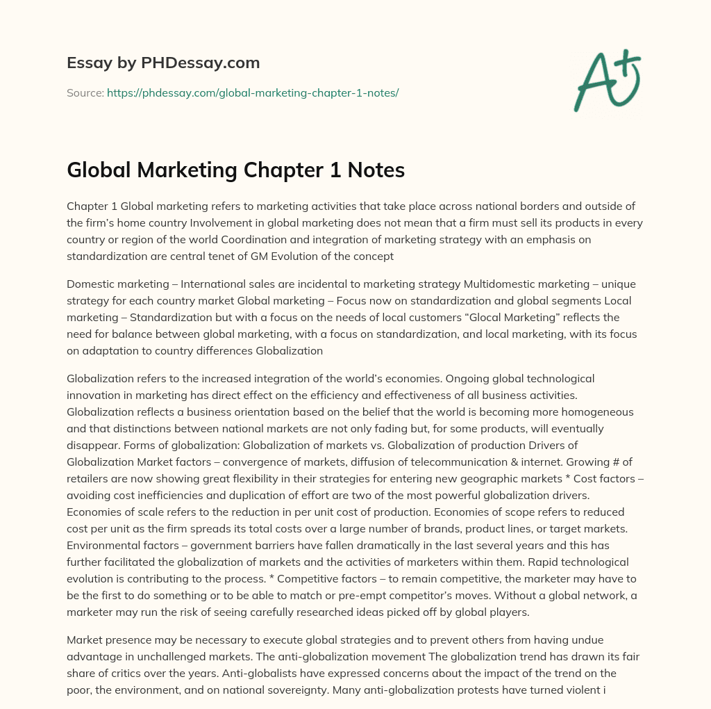 Global Marketing Chapter 1 Notes essay