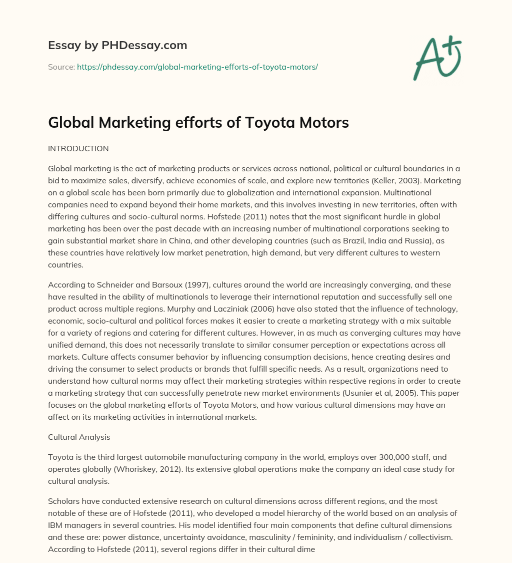 Global Marketing efforts of Toyota Motors essay