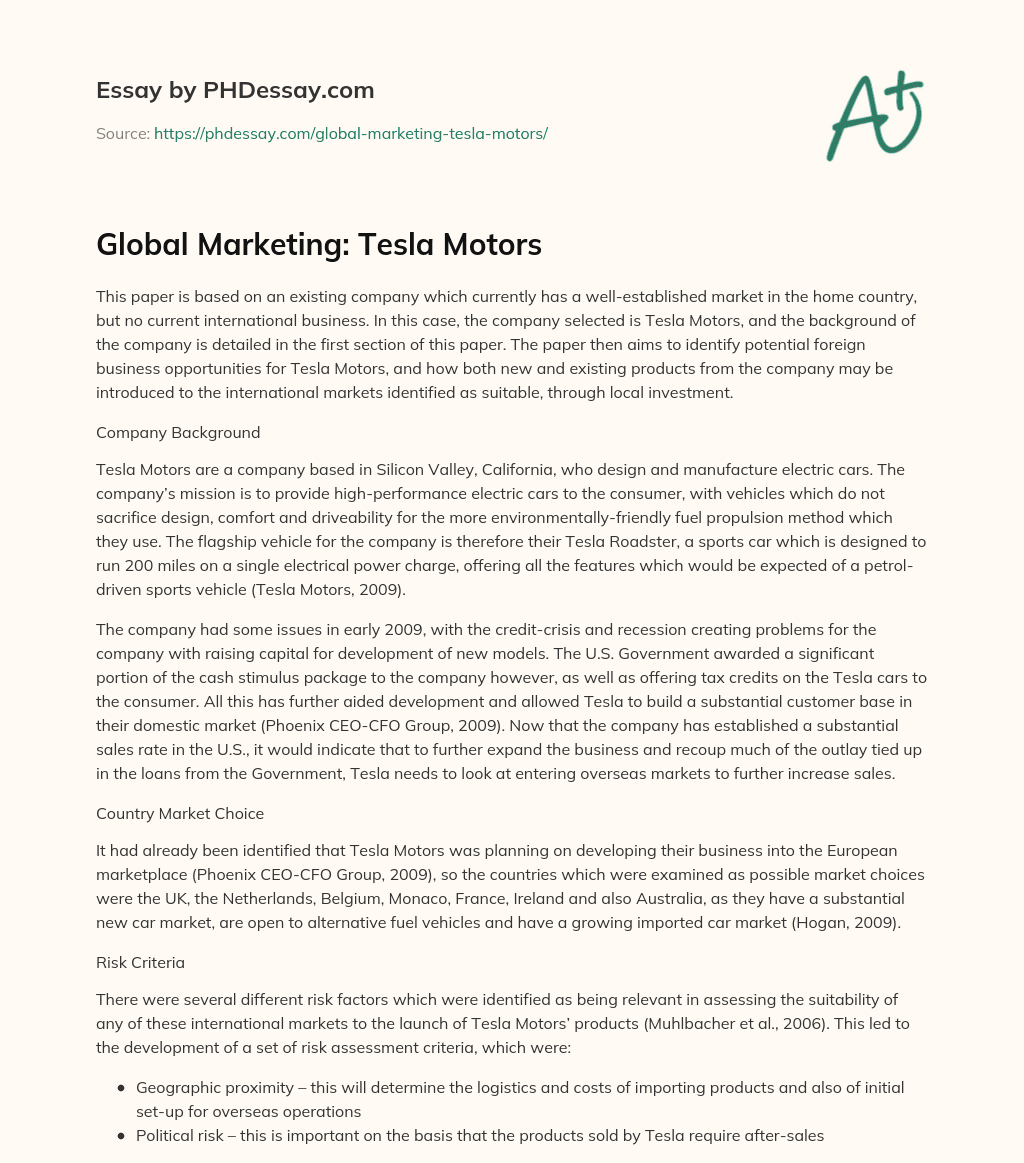 Global Marketing: Tesla Motors essay