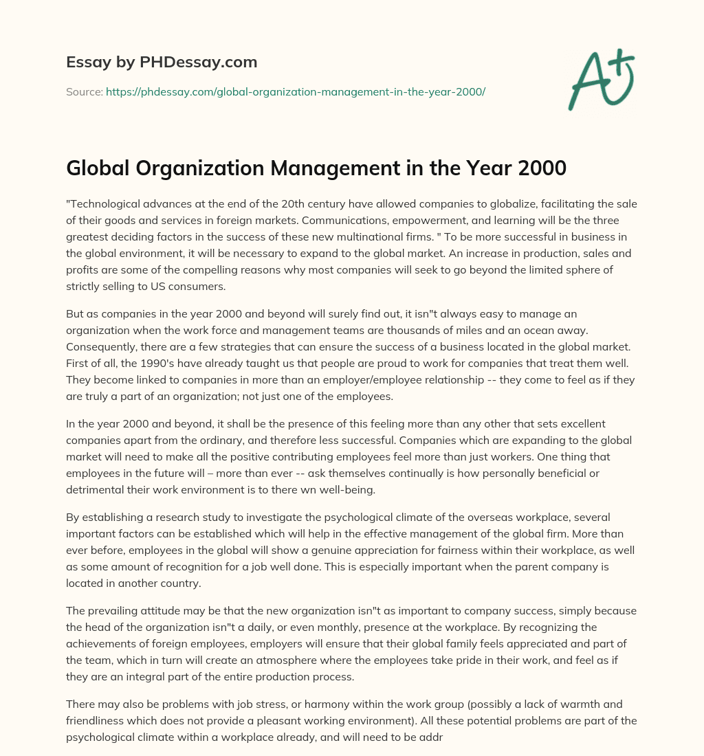 Global Organization Management in the Year 2000 essay