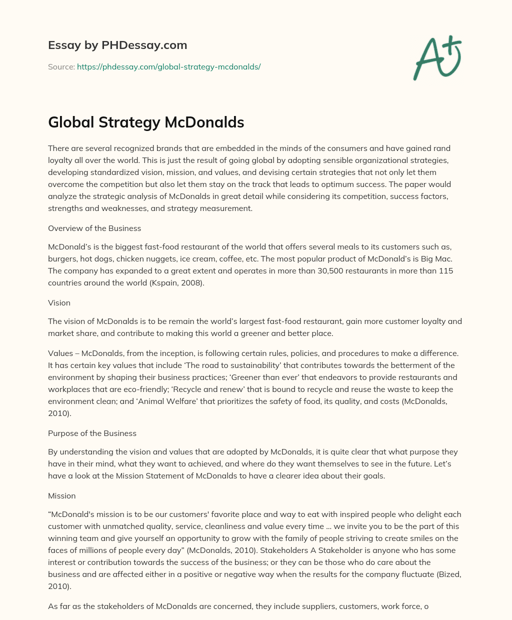 Global Strategy McDonalds essay