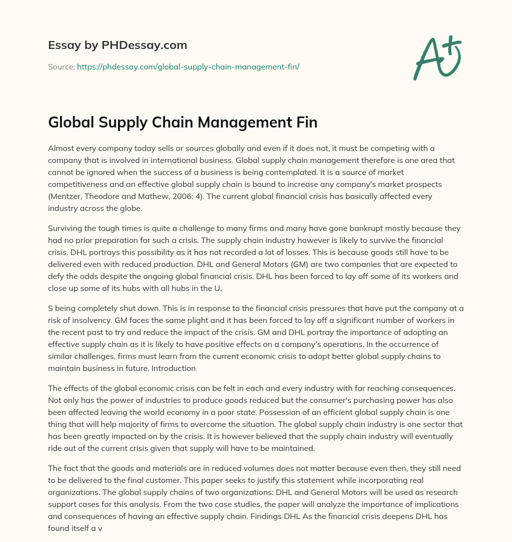 Global Supply Chain Management Fin essay