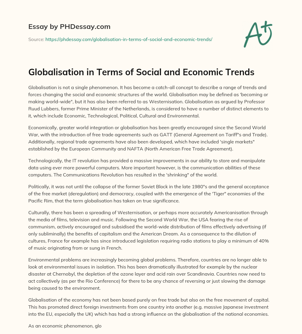 Globalisation in Terms of Social and Economic Trends essay