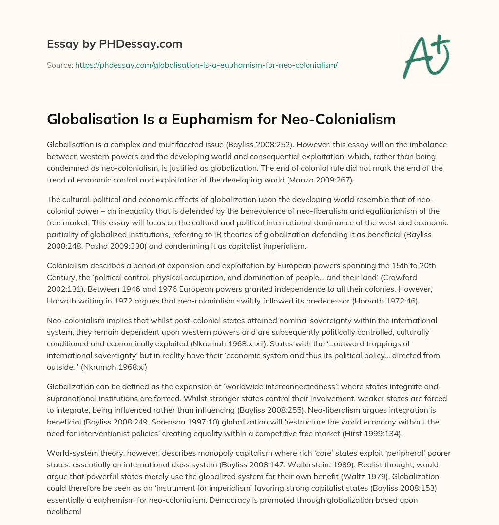 Globalisation Is a Euphamism for Neo-Colonialism essay