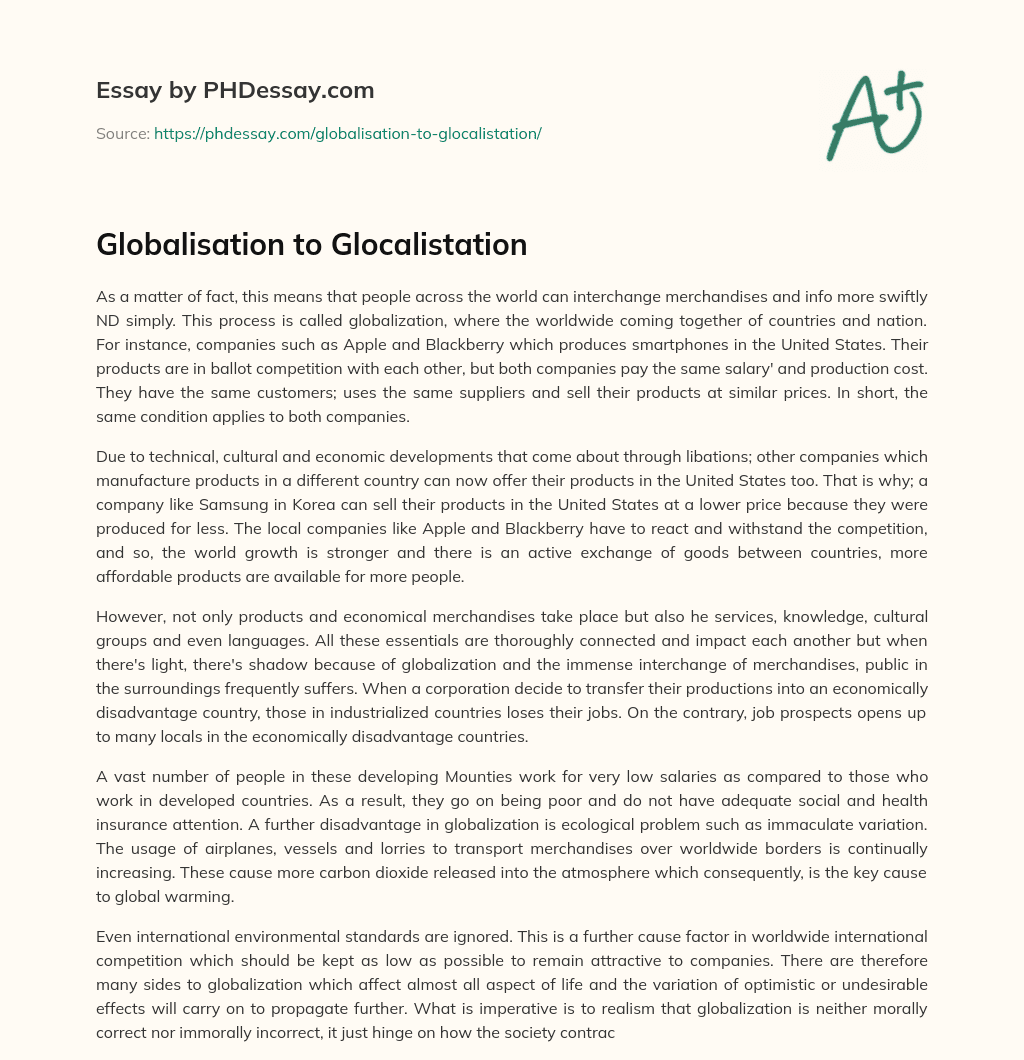 Globalisation to Glocalistation essay