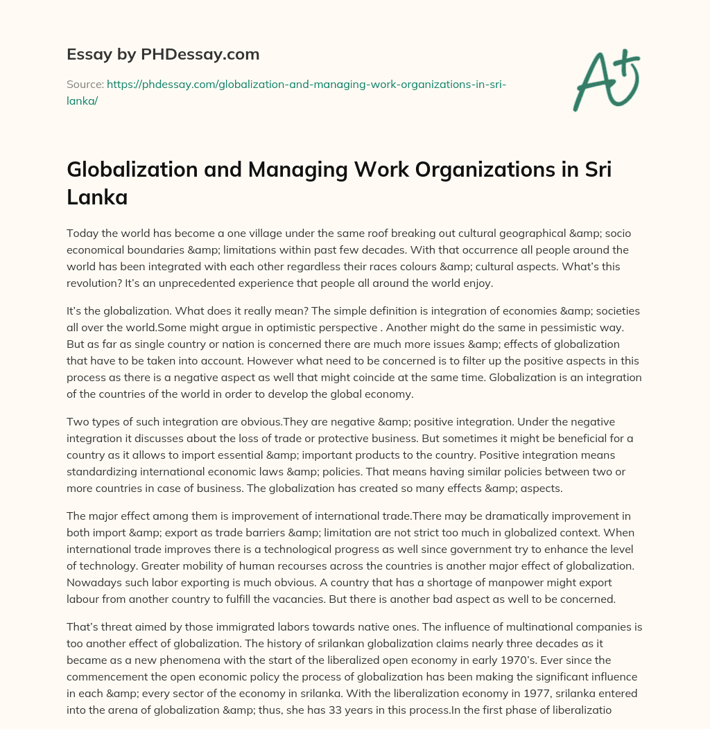 Globalization And Managing Work Organizations in Sri Lanka essay