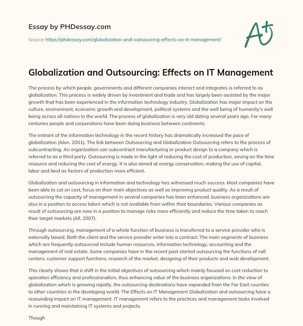 Globalization and Outsourcing: Effects on IT Management essay